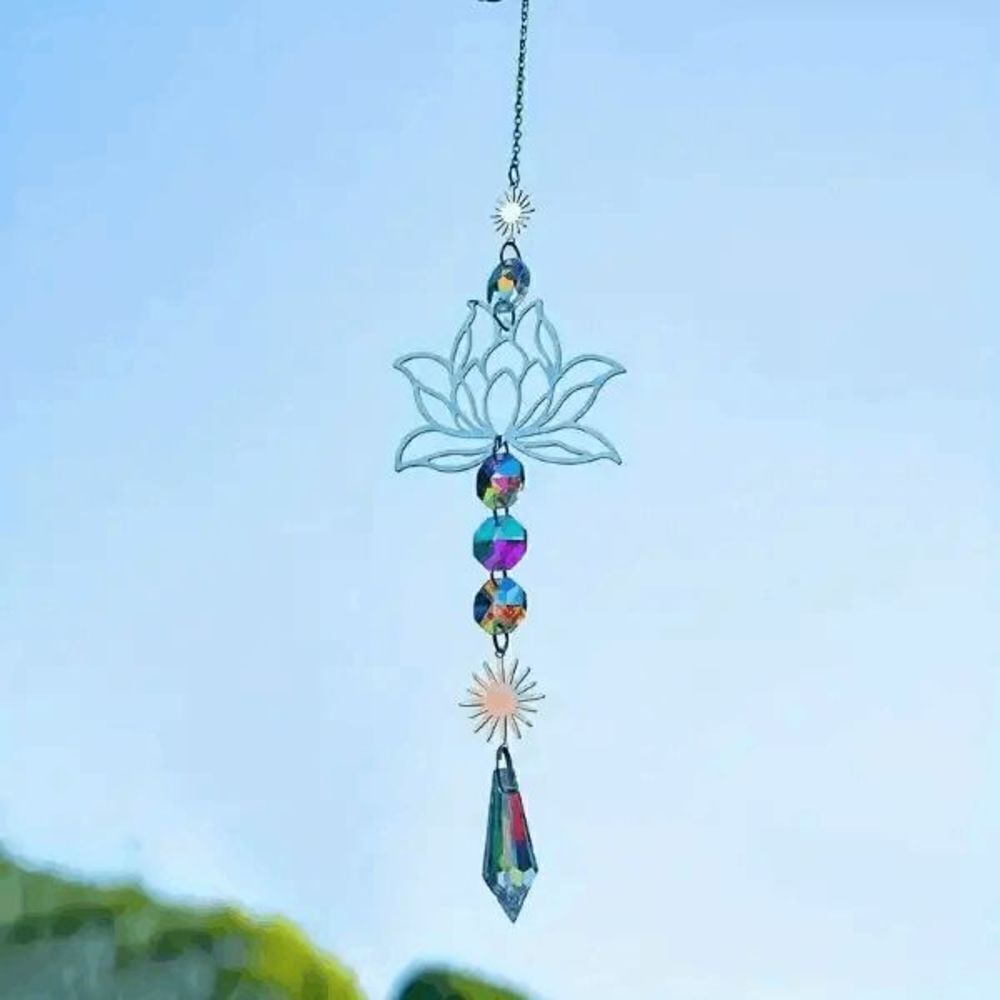 Silver Sun And Lotus Flower Crystal Hanging Suncatcher